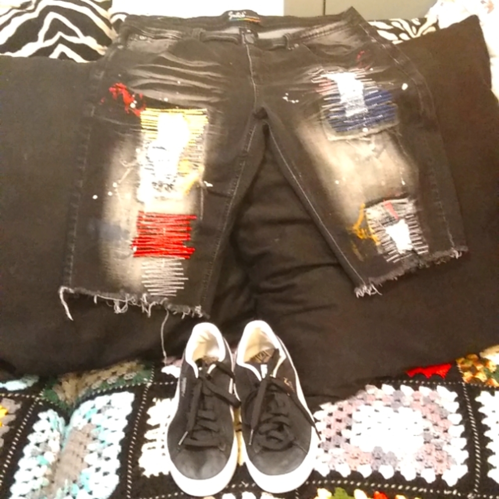 Men's jean shorts, men's puma shoes